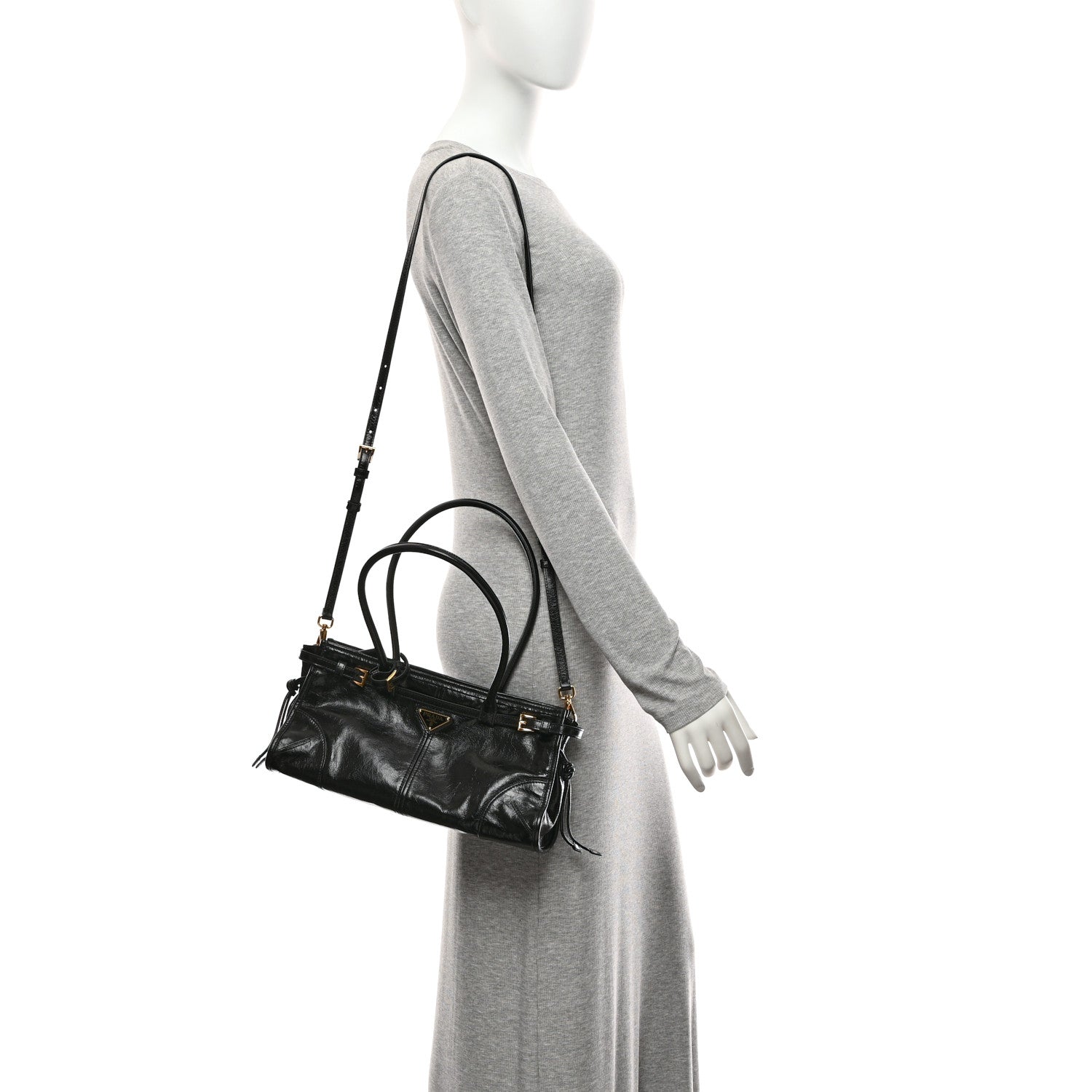 Prada Glossy Calfskin Triangle Medium Bonnie Shoulder Bag Black 2 of 10