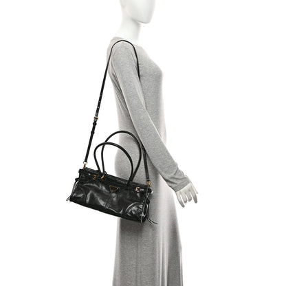 Prada Glossy Calfskin Triangle Medium Bonnie Shoulder Bag Black 2 of 10
