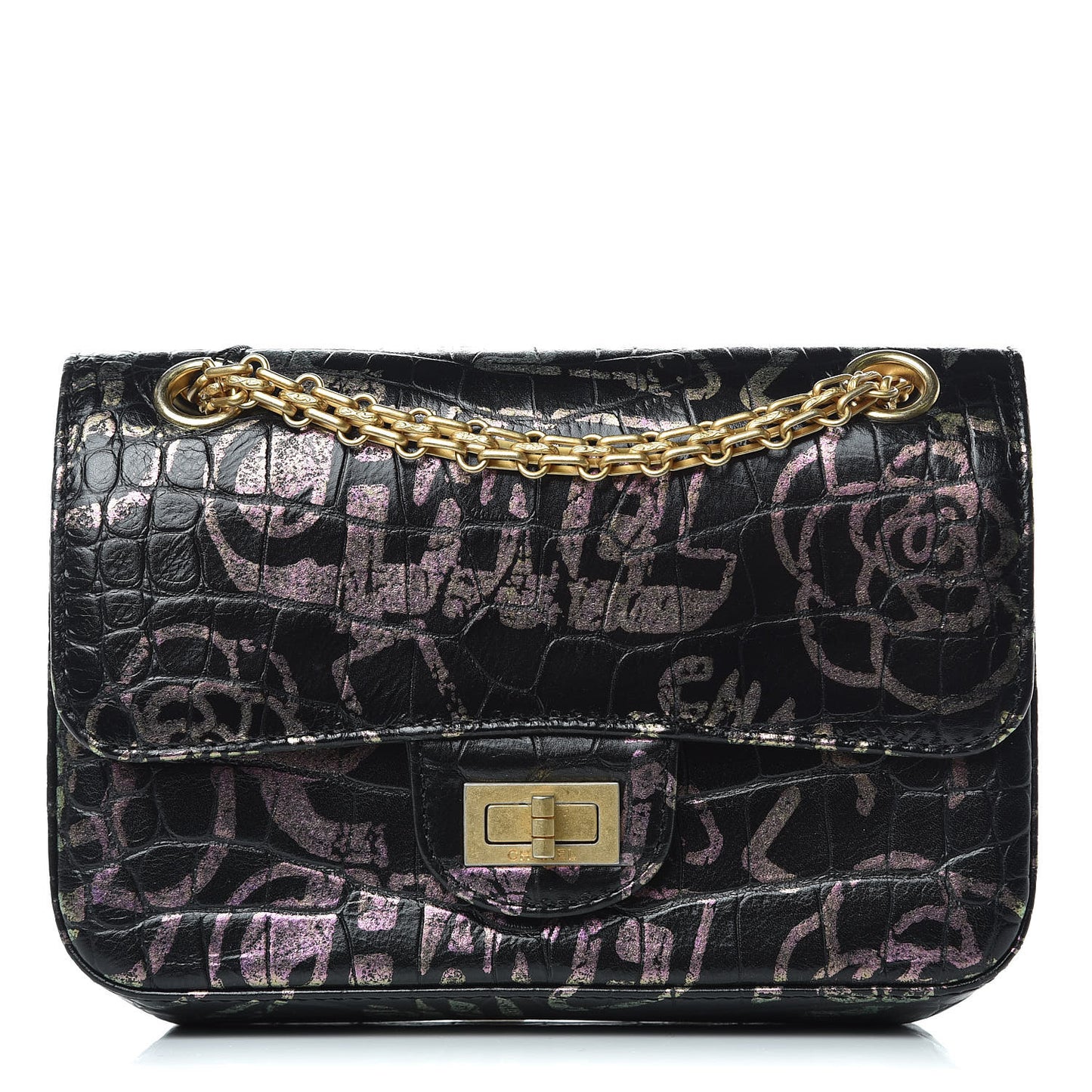 Calfskin Crocodile Embossed Graffiti 2.55 Mini Cocodile Reissue Flap Black Pink
