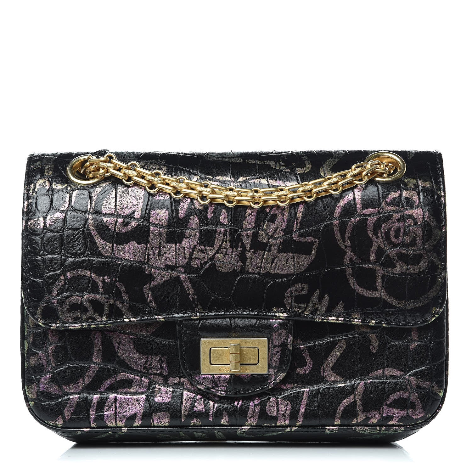 Chanel Calfskin Crocodile Embossed Graffiti 2.55 Mini Cocodile Reissue Flap Black Pink 1 of 11