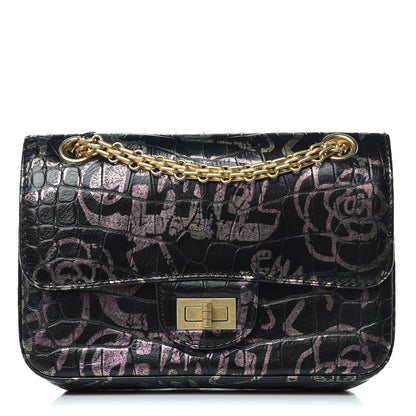 Chanel Calfskin Crocodile Embossed Graffiti 2.55 Mini Cocodile Reissue Flap Black Pink 1 of 11