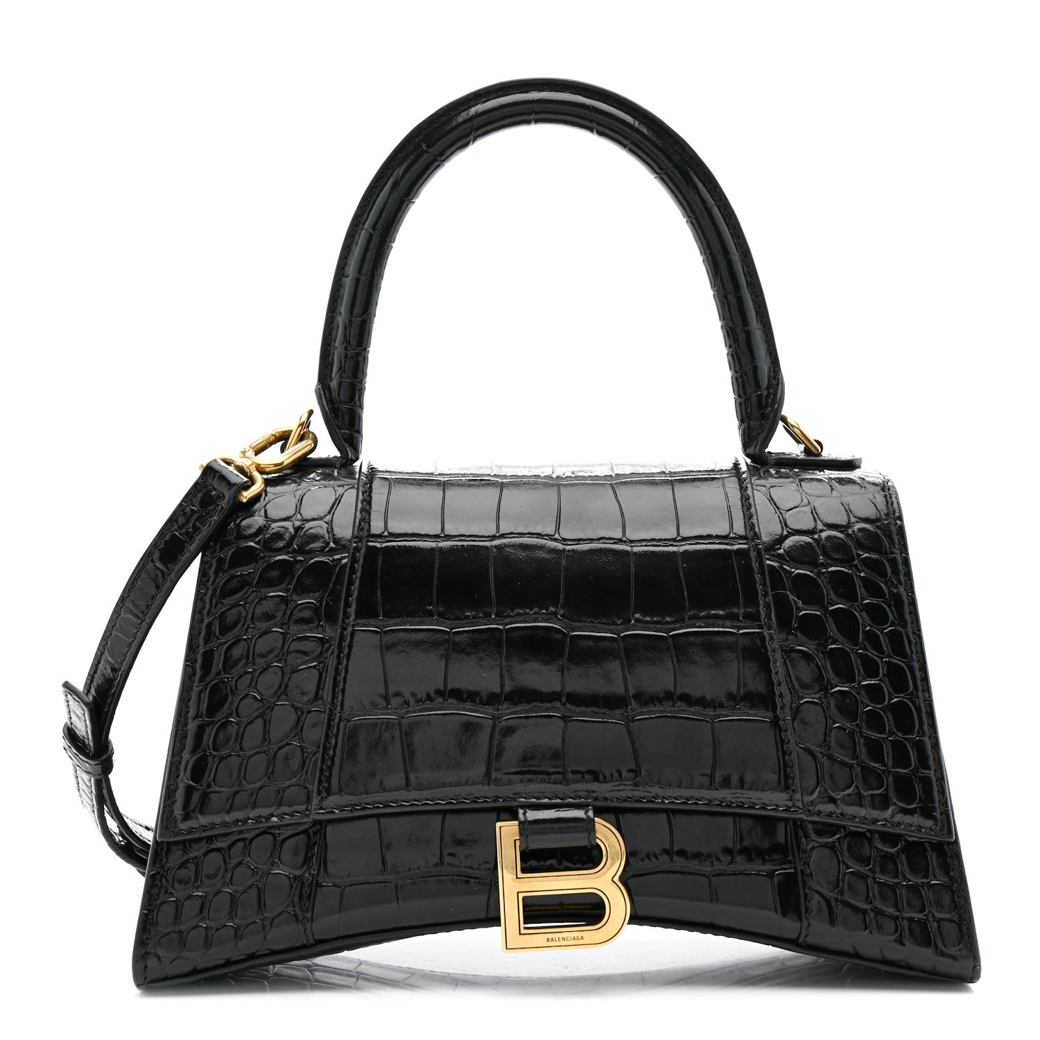 Balenciaga Shiny Calfskin Crocodile Embossed Small Hourglass Top Handle Bag Black 1 of 13
