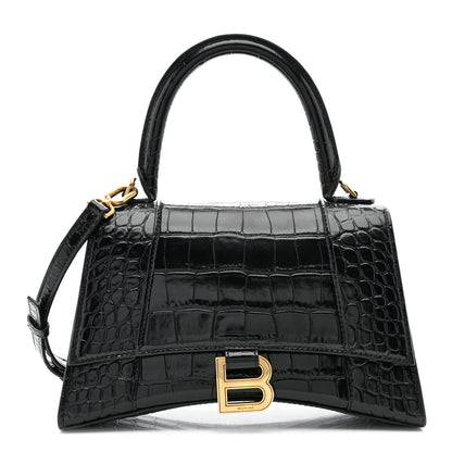 Balenciaga Shiny Calfskin Crocodile Embossed Small Hourglass Top Handle Bag Black 1 of 13