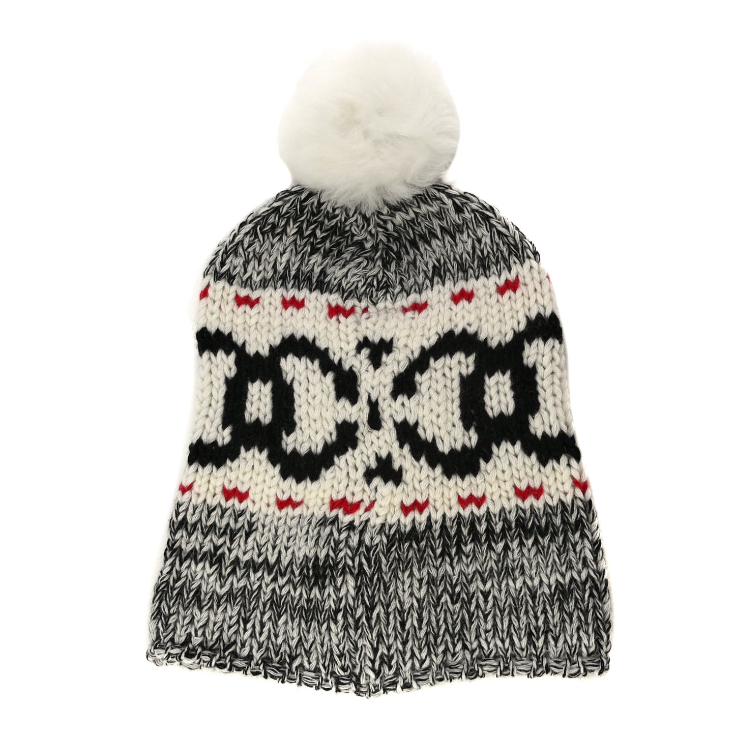Wool Shearling CC Beanie Hat Ivory Black Red