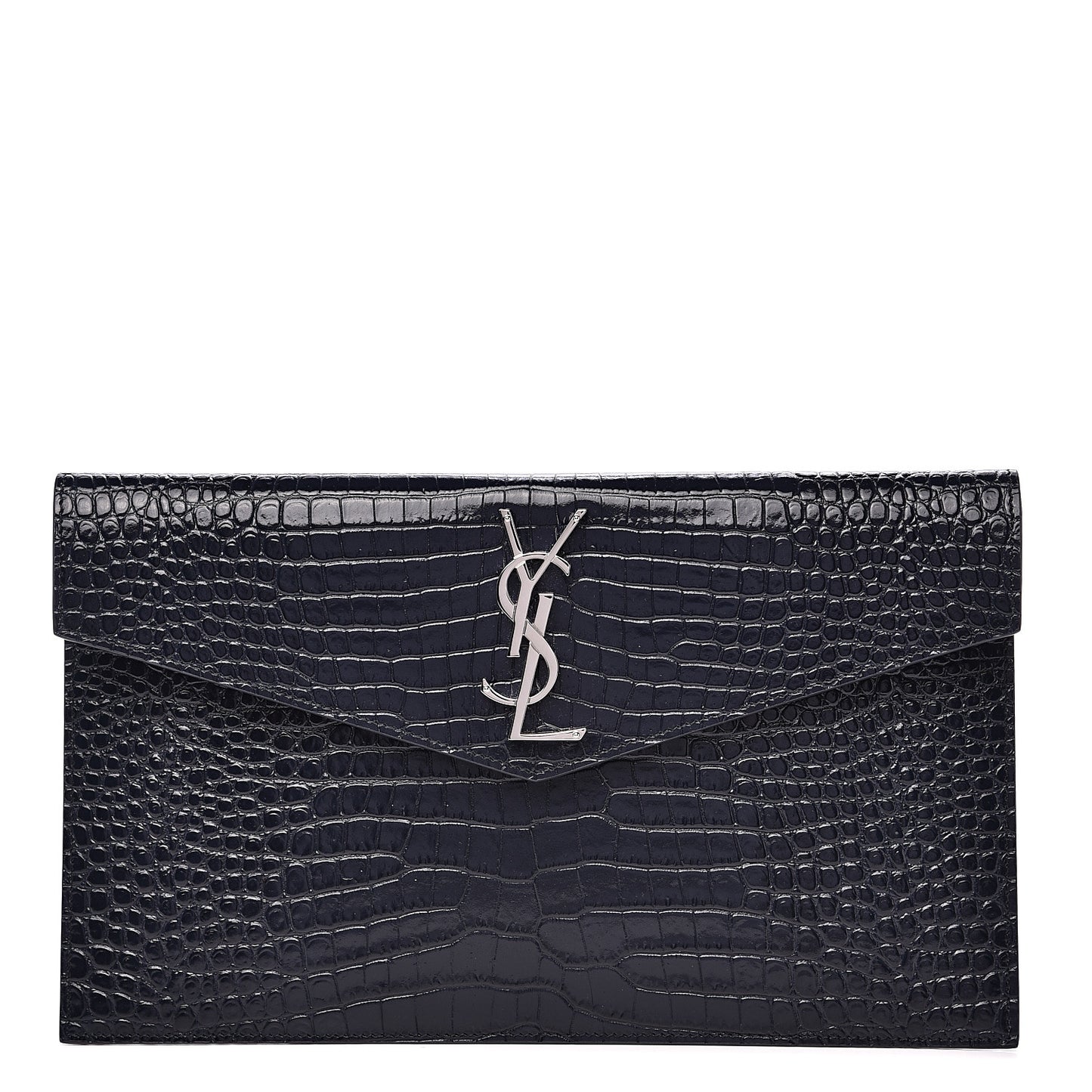Calfskin Crocodile Embossed Uptown Monogram Clutch Deep Marine