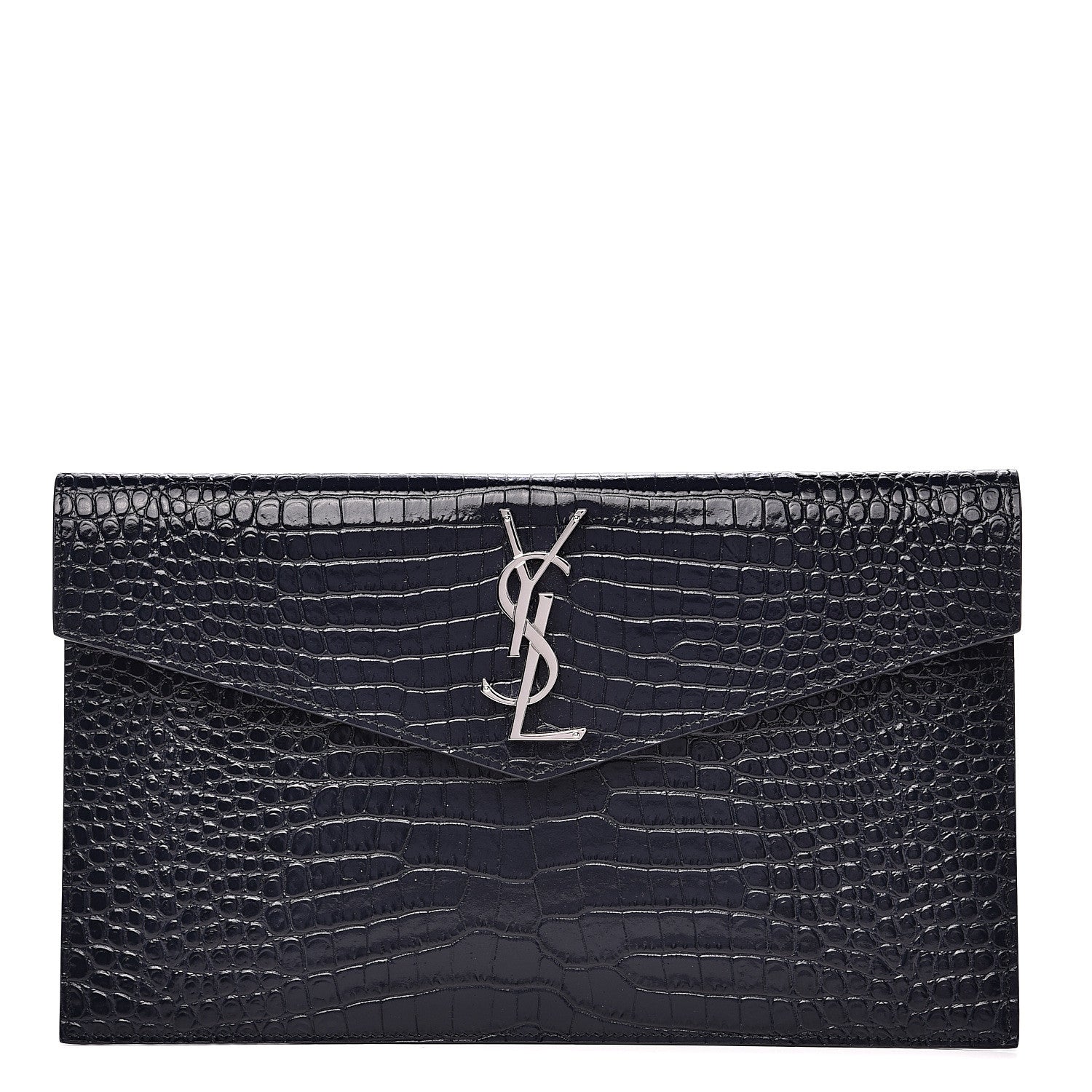 Saint Laurent Calfskin Crocodile Embossed Uptown Monogram Clutch Deep Marine 1 of 6