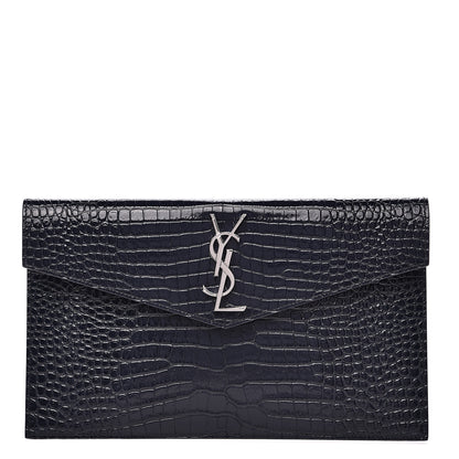 Saint Laurent Calfskin Crocodile Embossed Uptown Monogram Clutch Deep Marine 1 of 6