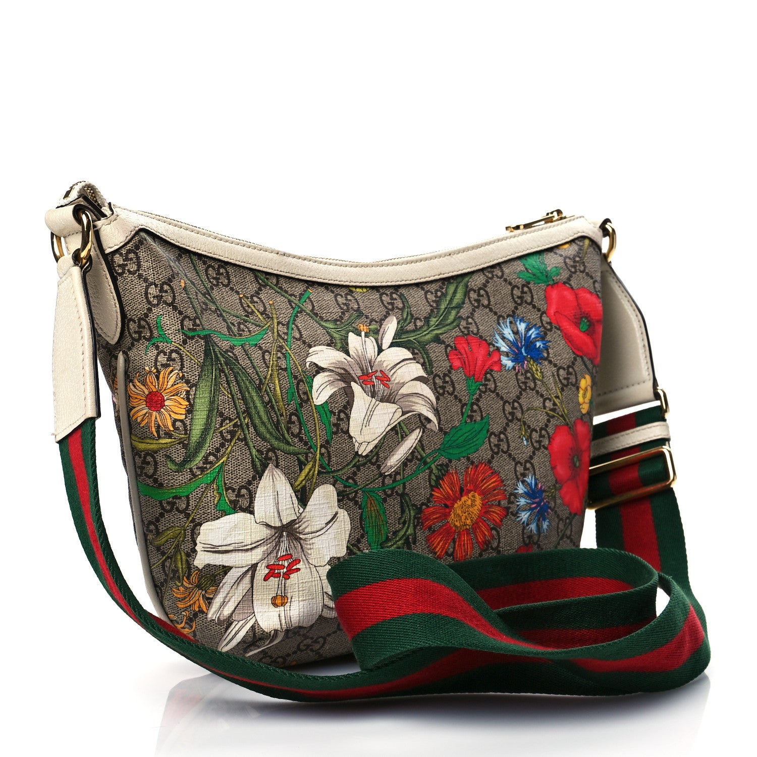 Gucci GG Supreme Monogram Flora Web Small Ophidia Half Moon Hobo White 3 of 12