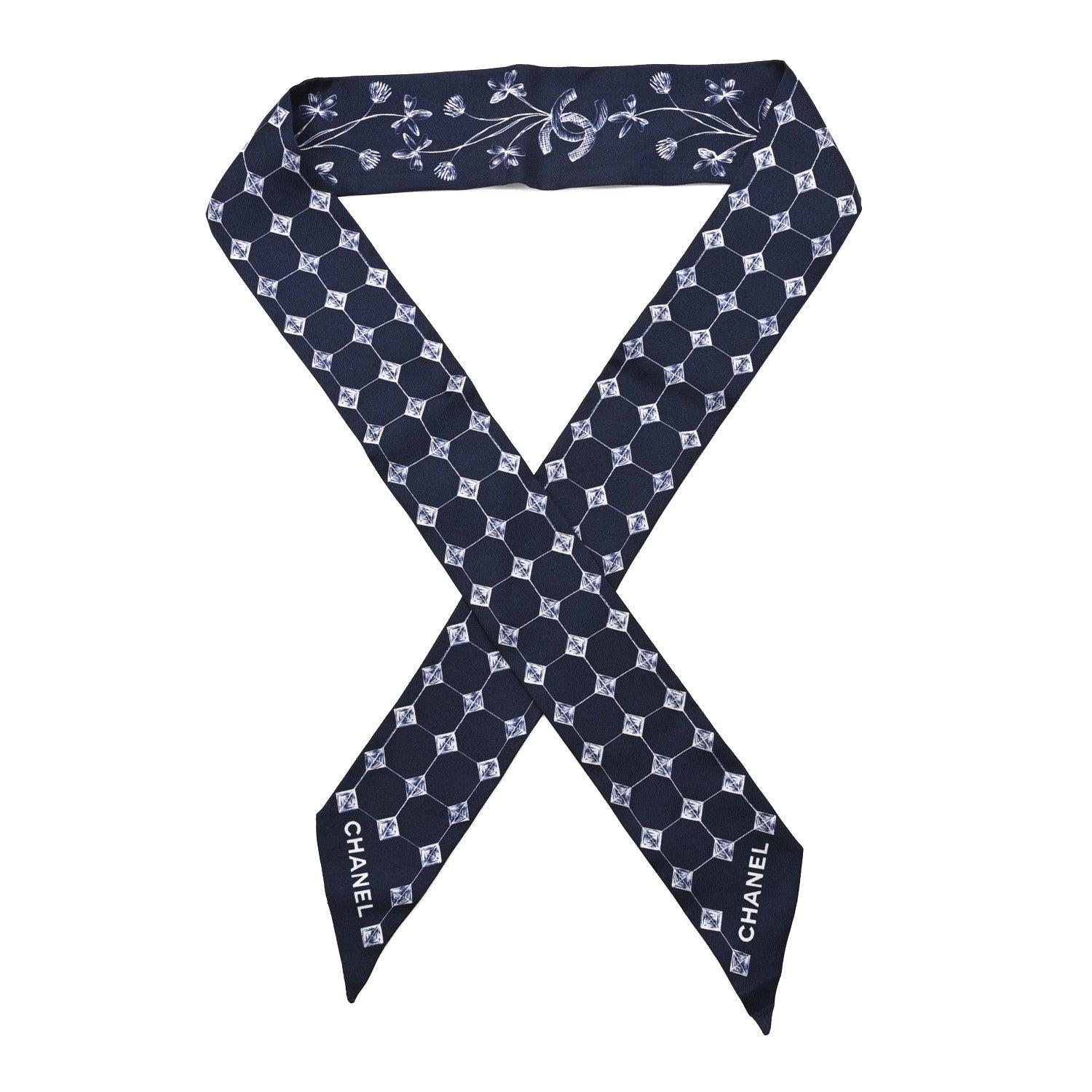 Chanel Silk CC Slim Bandeau Scarf Blue White 1 of 3