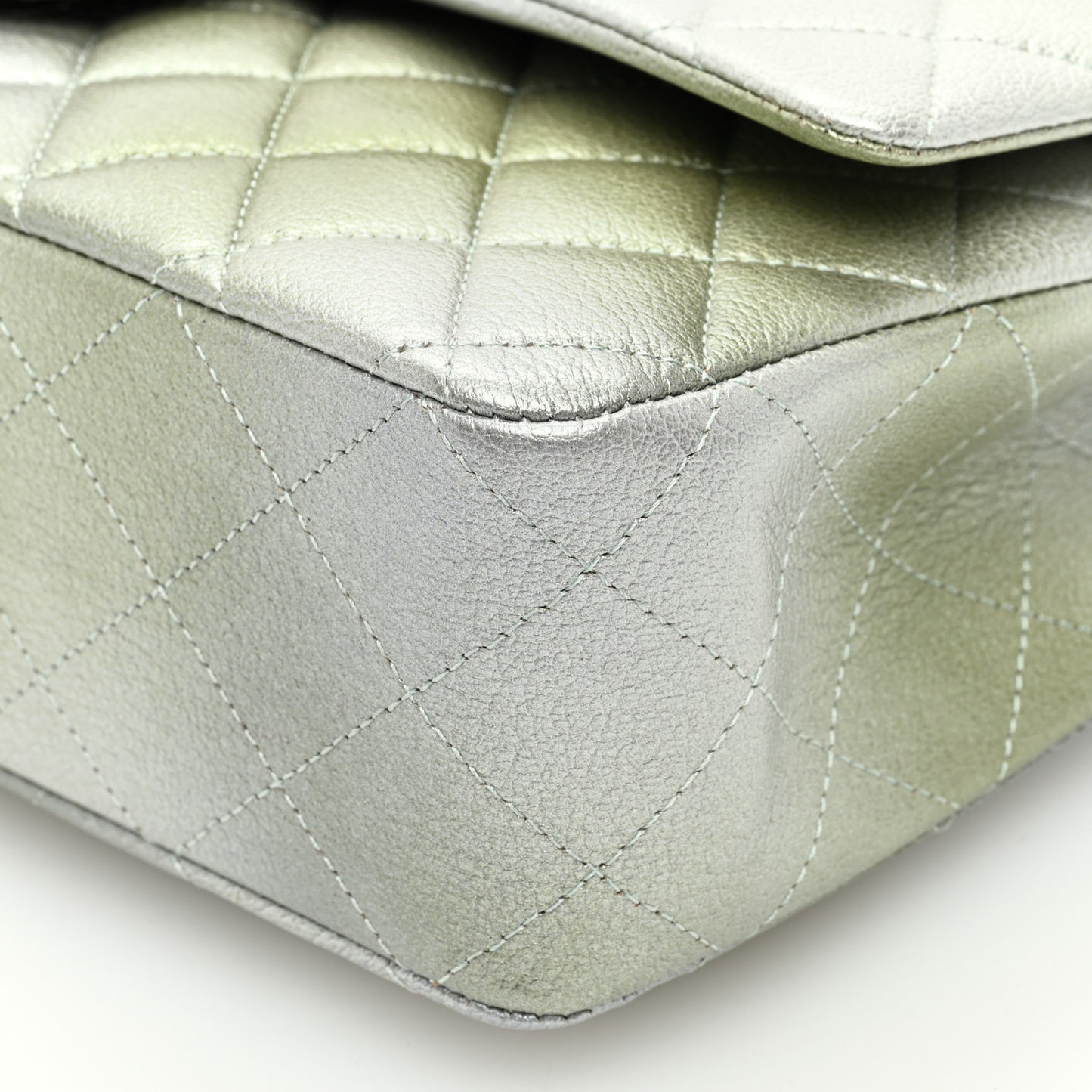 Metallic Goatskin Quilted Ombre Medium Double Flap Grey Green