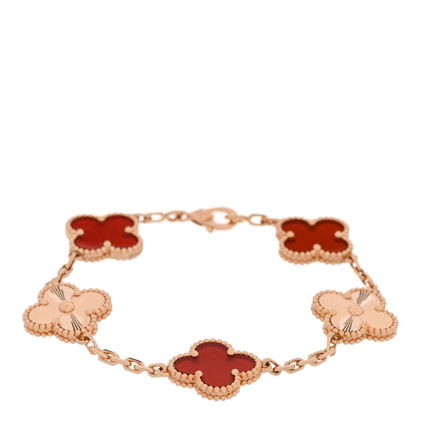 VAN CLEEF & ARPELS 18K Rose Gold Carnelian 5 Motifs Guilloche Vintage Alhambra Bracelet