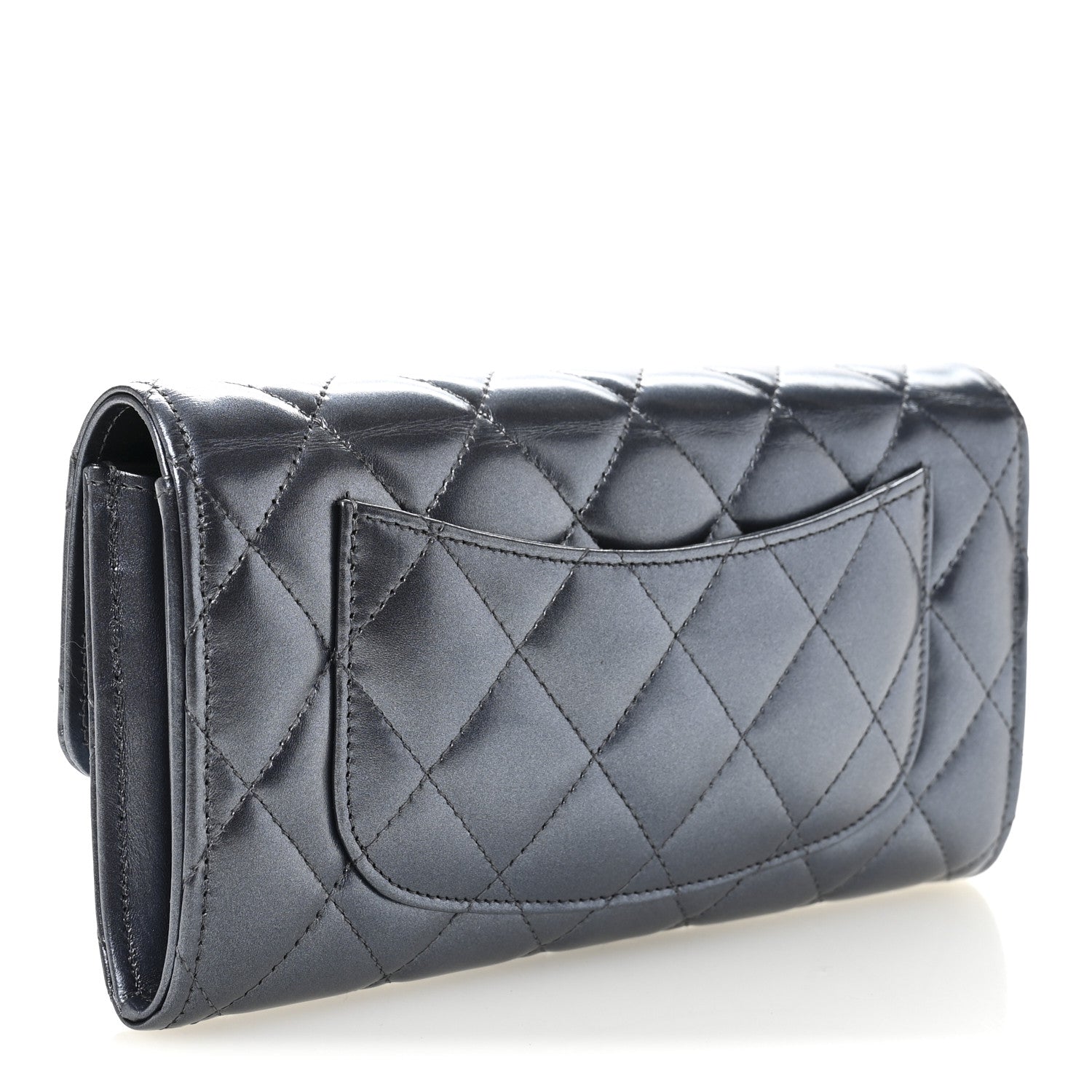 Chanel Metallic Lambskin Quilted Large Gusset Flap Wallet Dark Blue 3 of 9