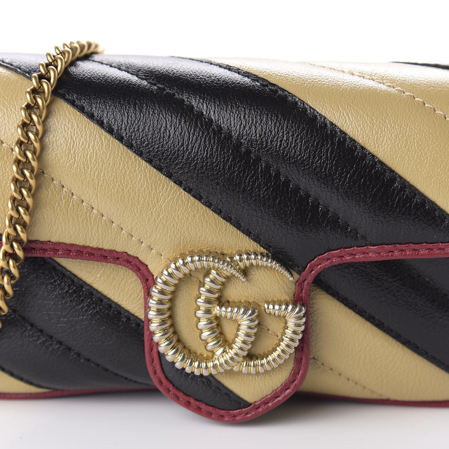 Vintage Effect Calfskin Matelasse Diagonal Striped Super Mini Torchon GG Marmont Shoulder Bag Black Beige