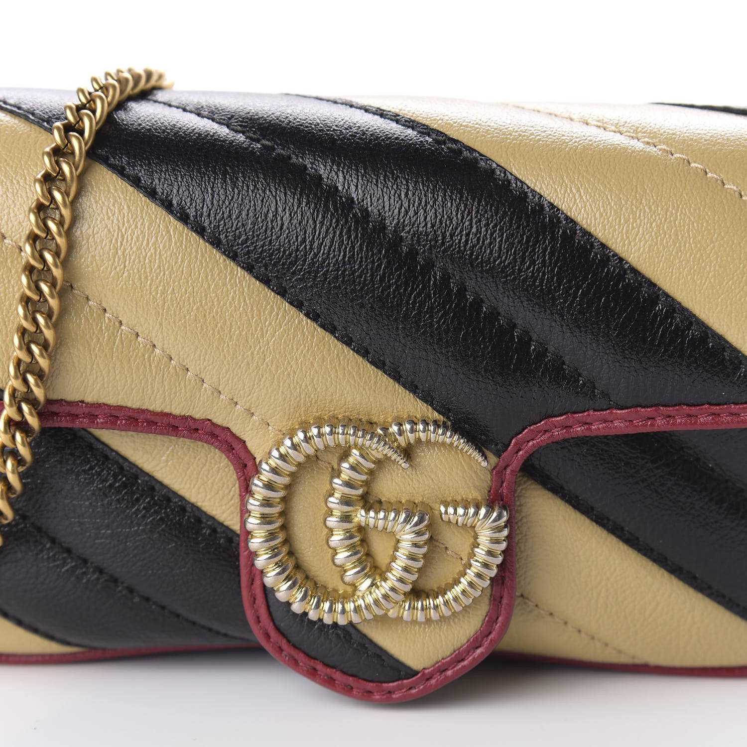 Gucci Vintage Effect Calfskin Matelasse Diagonal Striped Super Mini Torchon GG Marmont Shoulder Bag Black Beige 10 of 11