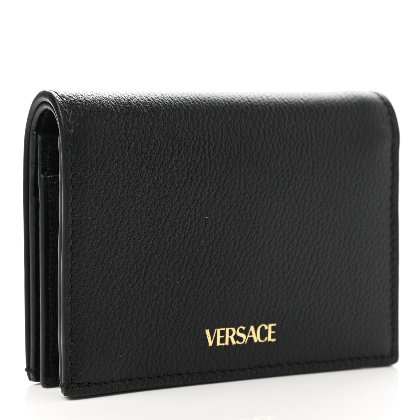 Grained Calfskin Medusa Zip Card Holder Wallet Black