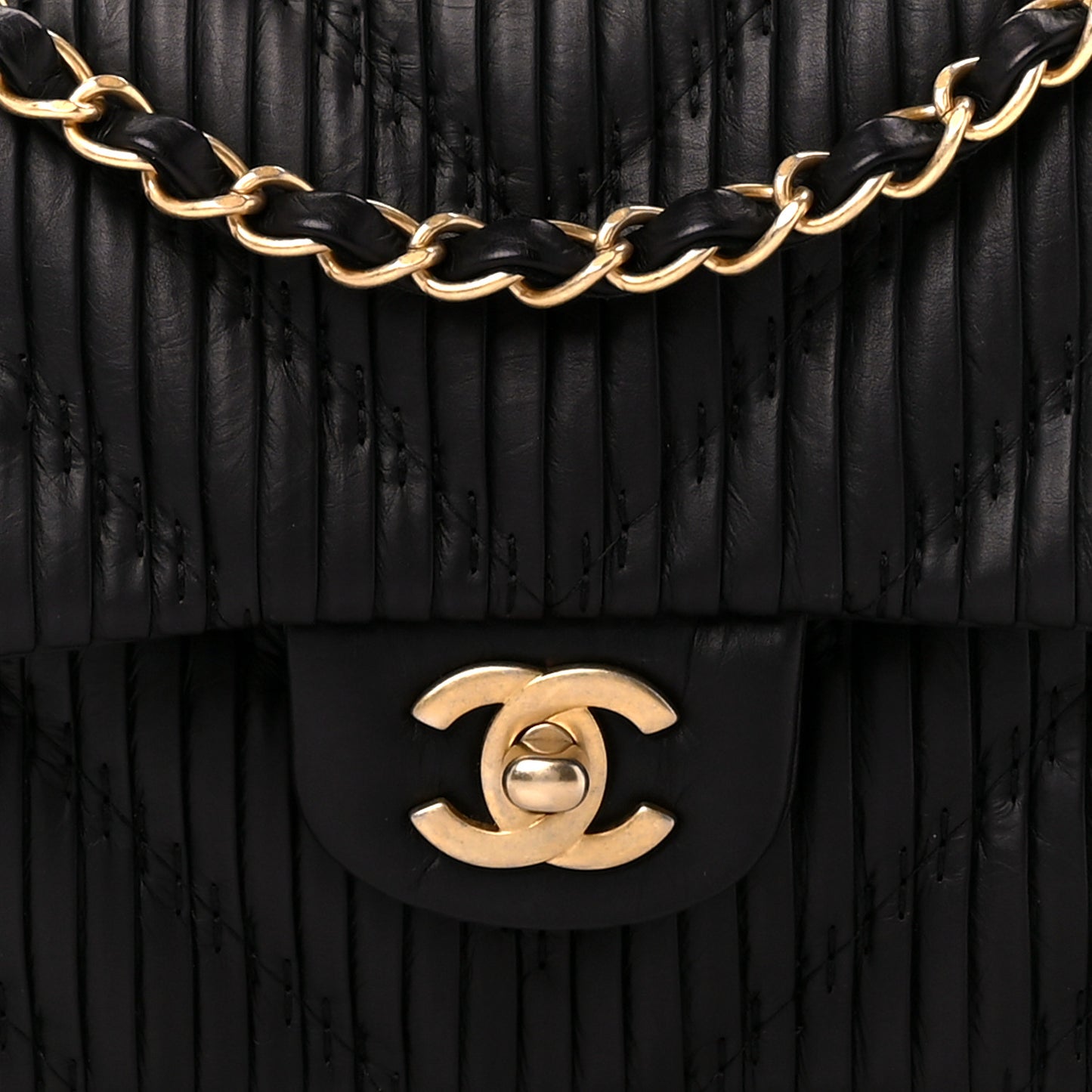 Calfskin Coco Pleats Medium Double Flap Black Black