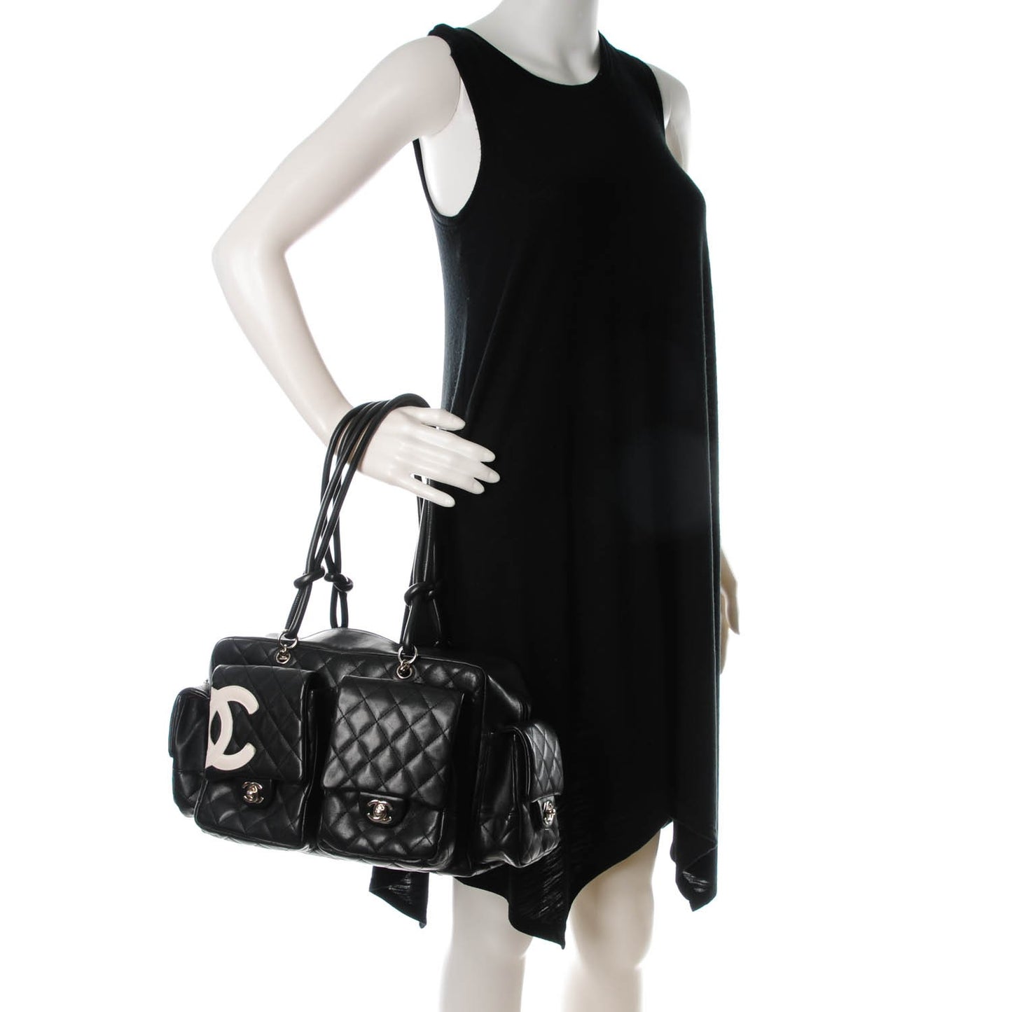 Calfskin Quilted Large Cambon Multipocket Reporter Black White