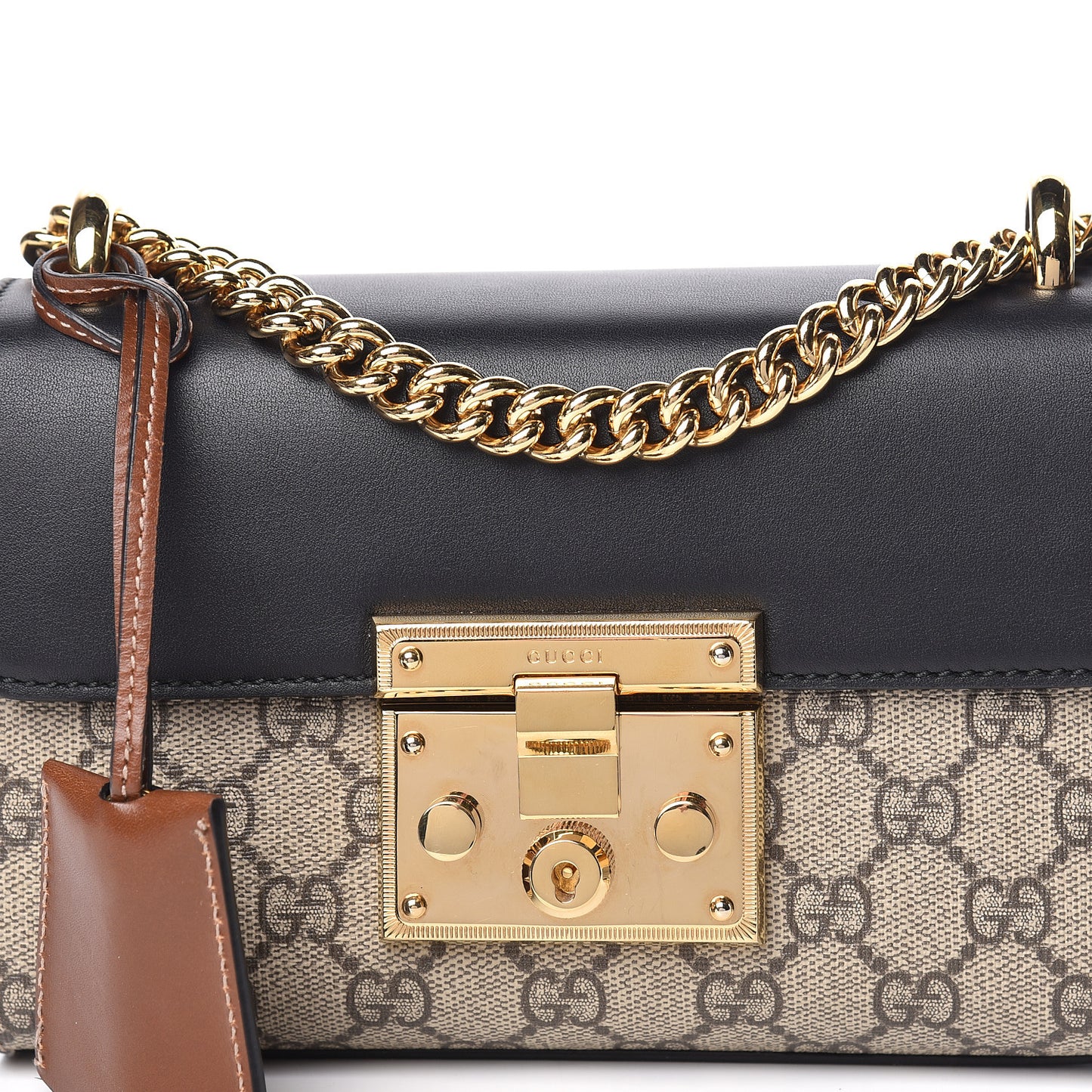 GG Supreme Monogram Calfskin Small Padlock Shoulder Bag Beige Black Cuir