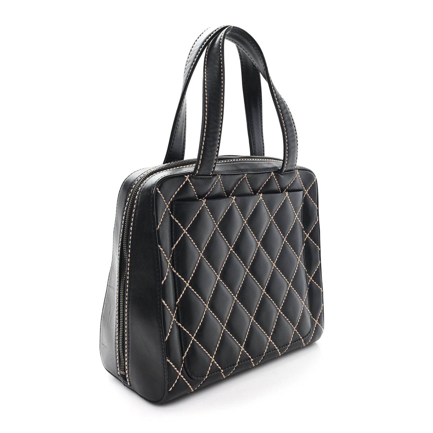 Calfskin Wild Stitch Vertical Top Handle Bag Black