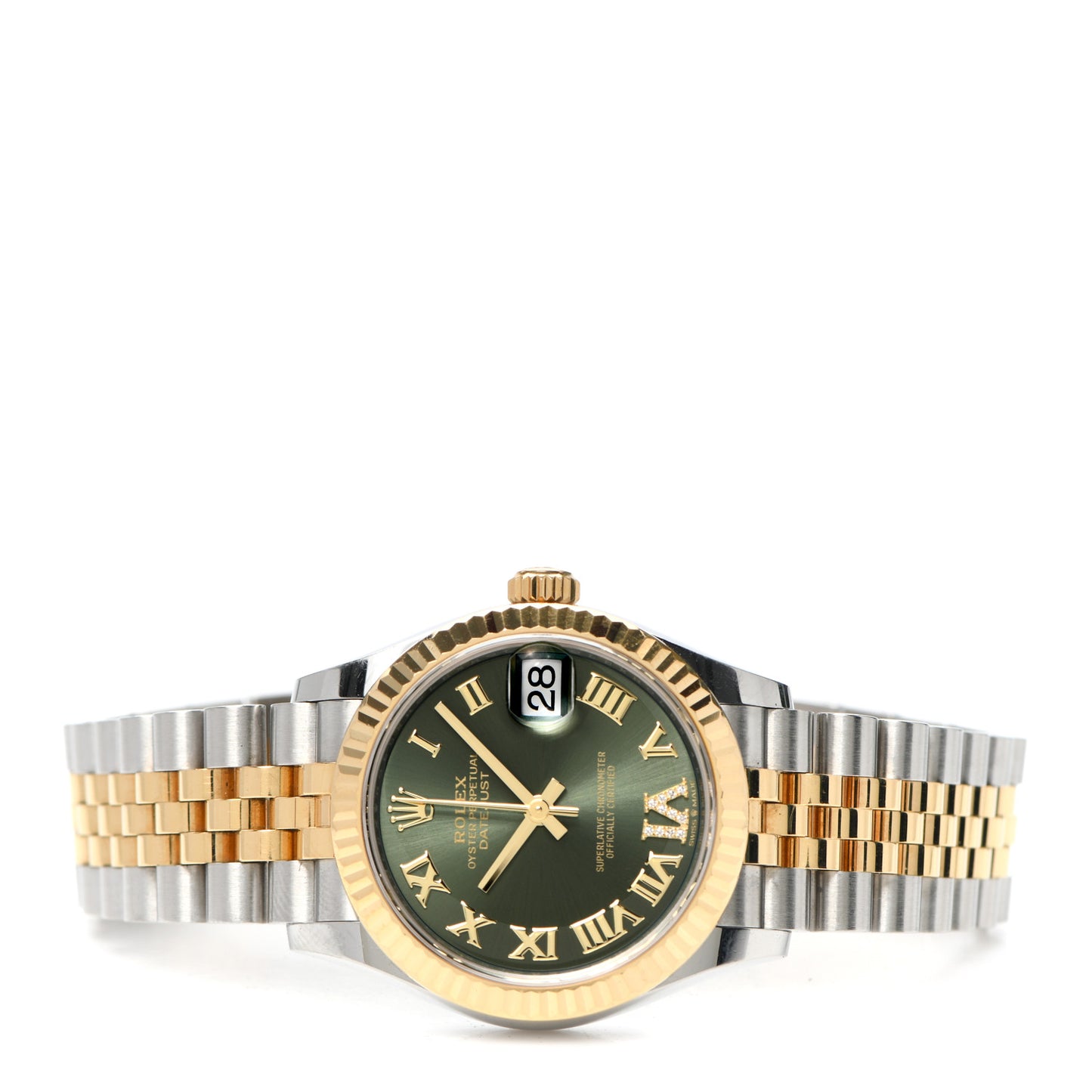 Stainless Steel 18K Yellow Gold Diamond 31mm Oyster Perpetual Datejust Watch Olive Green Roman 278273