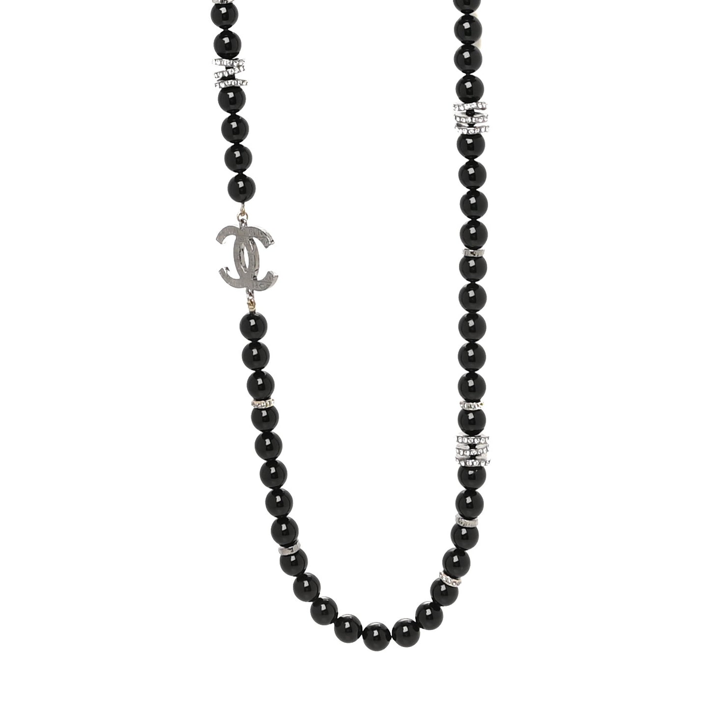 Crystal Beaded CC Long Necklace Black Silver