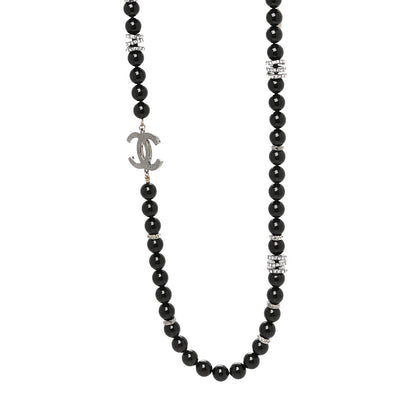 Chanel Crystal Beaded CC Long Necklace Black Silver 1 of 5