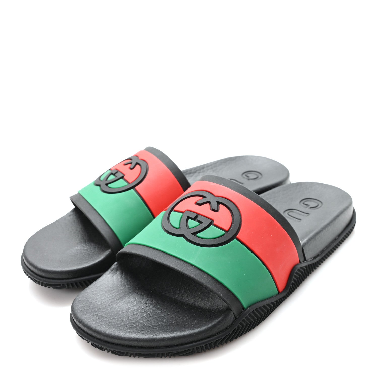 あ GUCCI ブラック サンダル グリーン レッド Gucci Rubber Web Womens Interlocking G Slide Sandals 38 Black