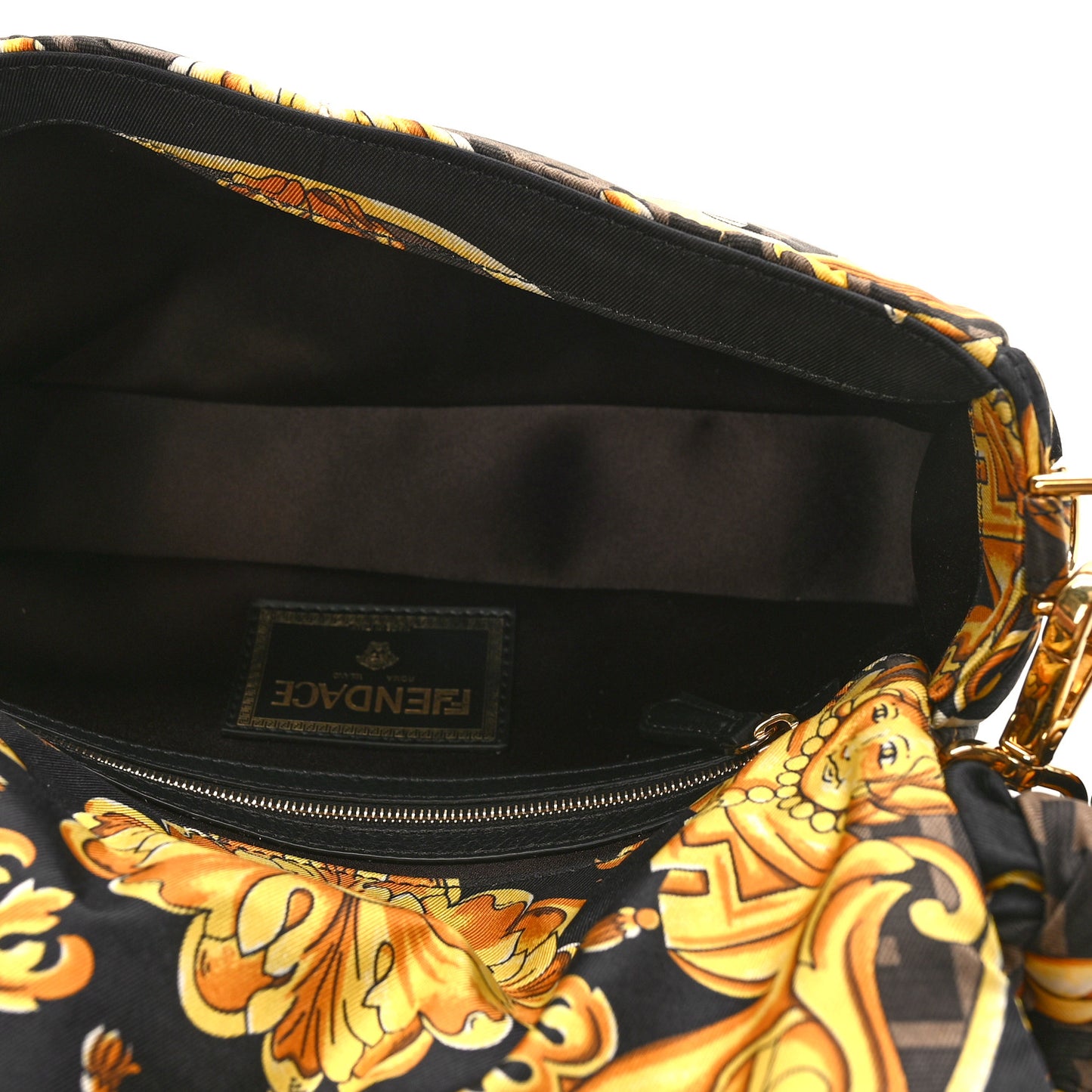 X VERSACE Silk Fendace FF Baroque Quilted Scarf Baguette Black Gold