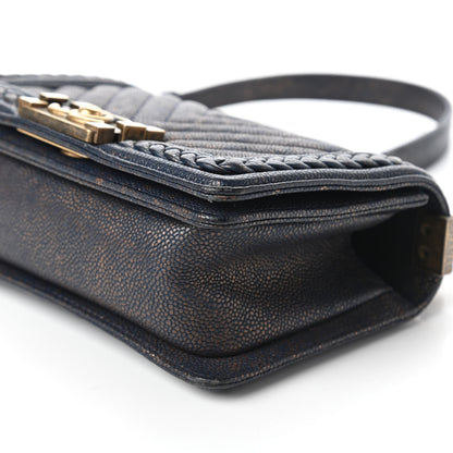 Chanel Patinated Caviar Chevron Braided Small Boy Flap Navy Blue 7 of 10