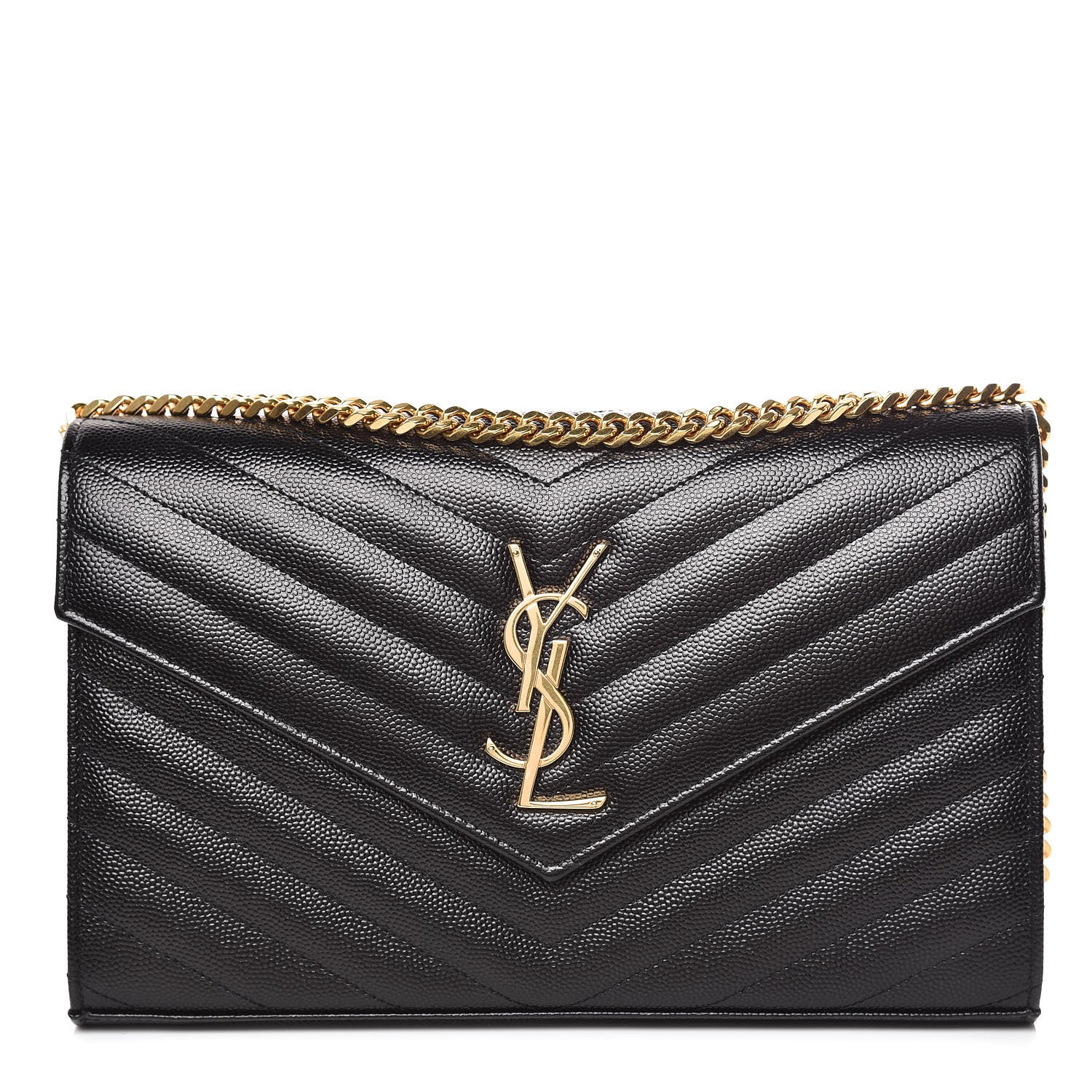Saint Laurent Grain De Poudre Matelasse Chevron Monogram Chain Wallet Black 1 of 8