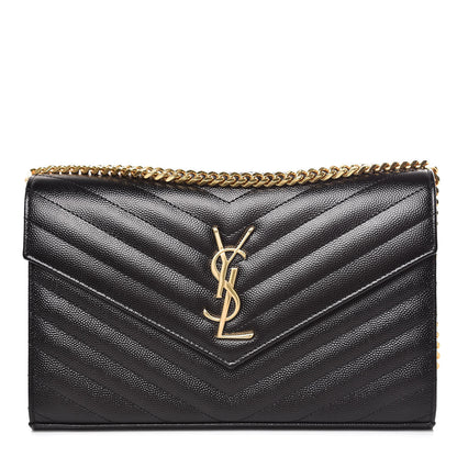 Saint Laurent Grain De Poudre Matelasse Chevron Monogram Chain Wallet Black 1 of 8