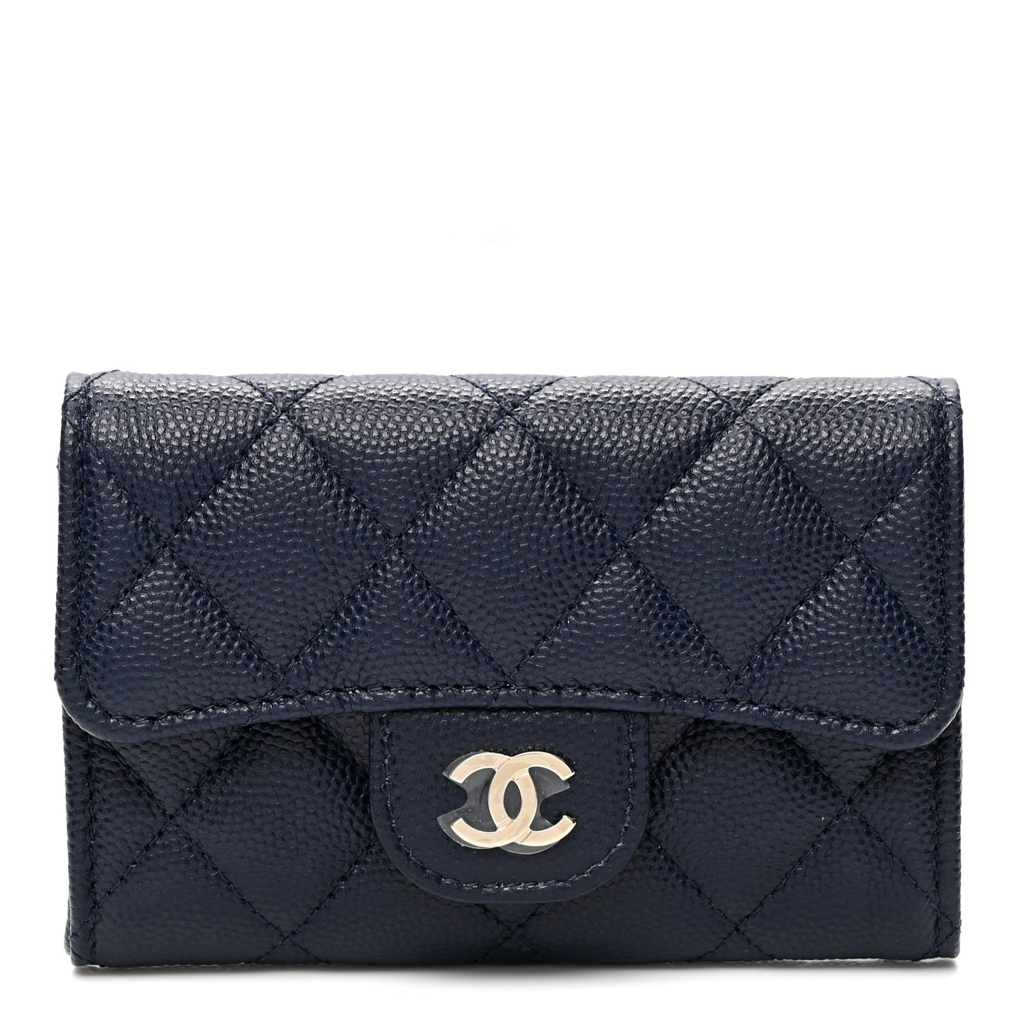 Caviar Quilted Flap Card Holder Wallet Navy Blue