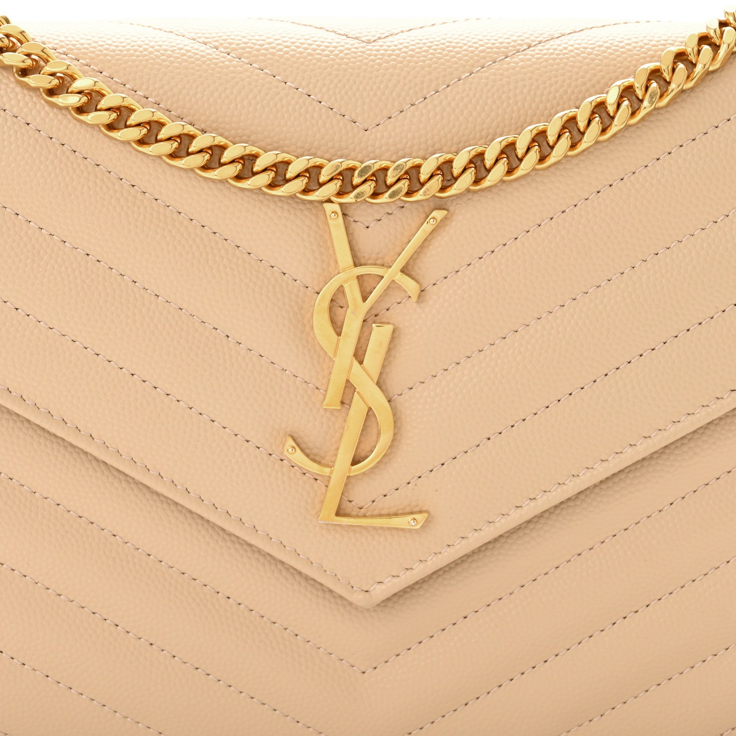 Saint Laurent Grain De Poudre Matelasse Chevron Monogram Chain Wallet Light Beige 8 of 13