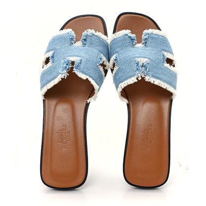 Hermes Denim Oran Fringe Sandals 35 Bleu Clair 2 of 10