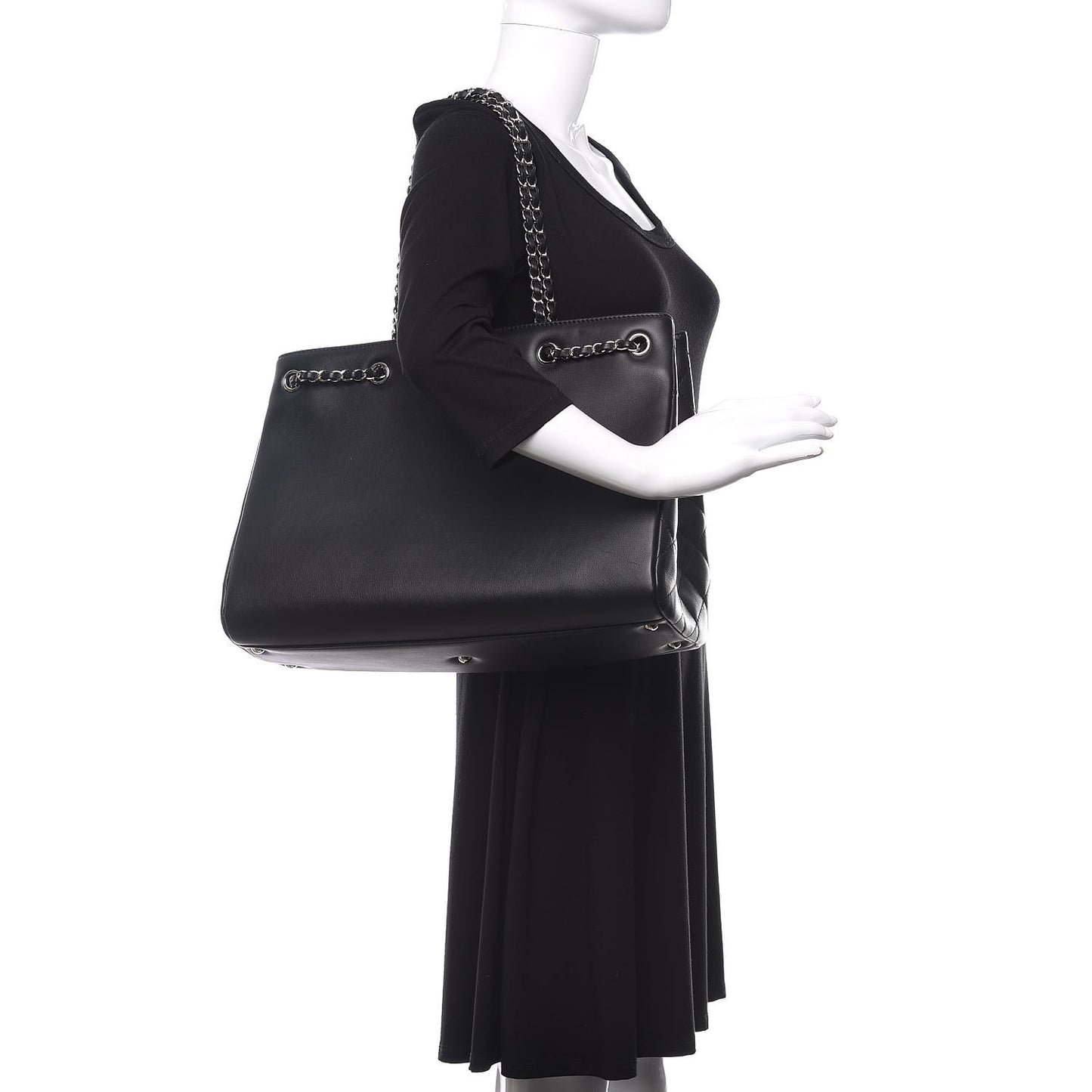 Calfskin Large Woven Chain Shopping Tote Black