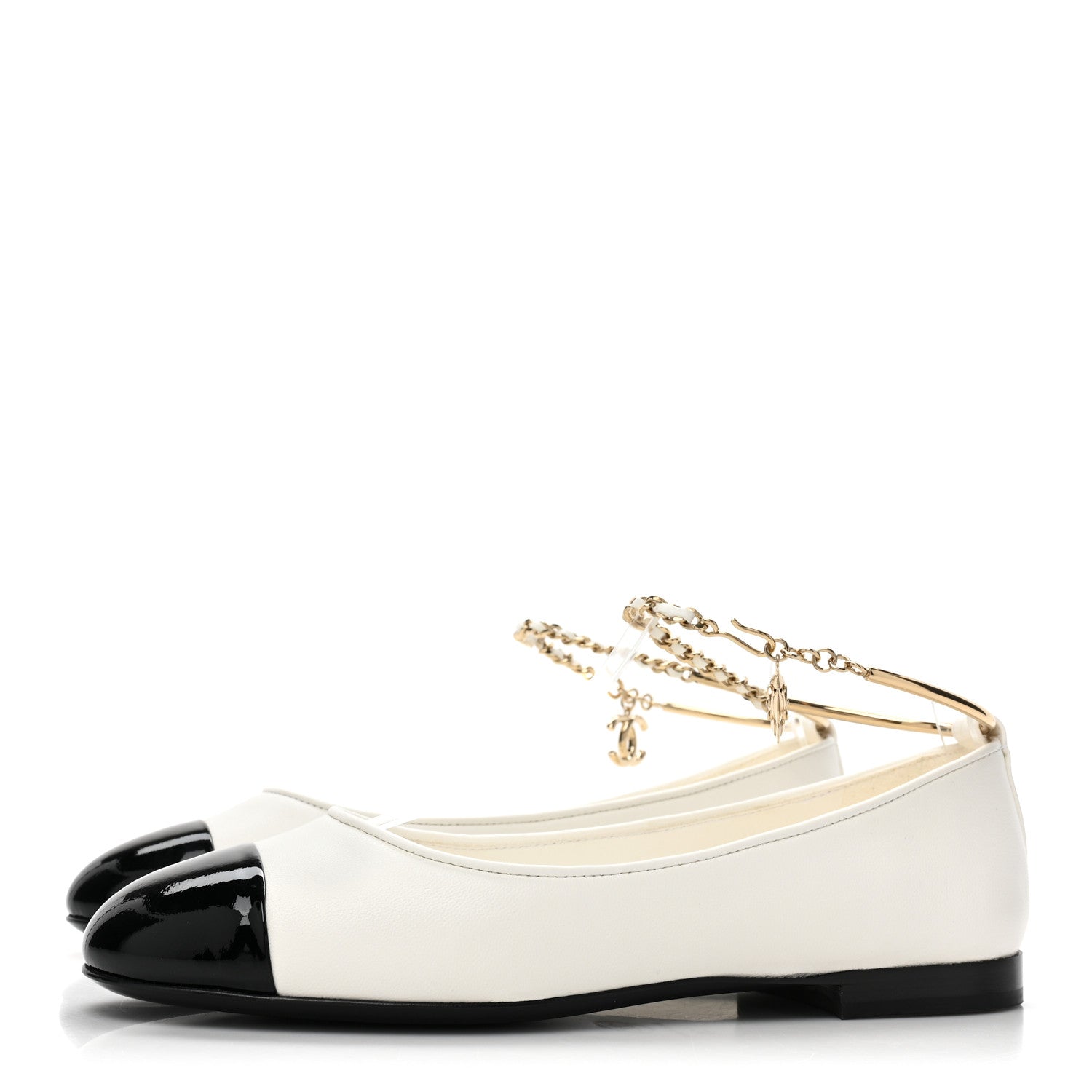Chanel Lambskin Patent Calfskin Cap Toe Ankle Chain Ballerina Flats 36 White Black 3 of 9