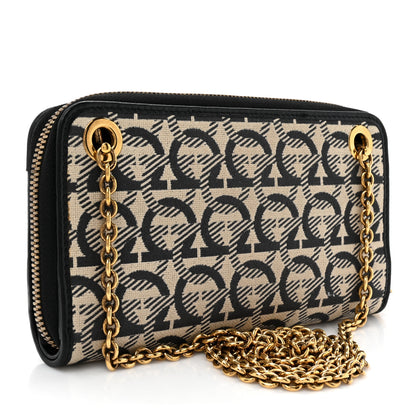 Salvatore Ferragamo Canvas Calfskin Gancini Wallet On Chain Black Beige 3 of 11