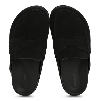 Hermes Suede Calfskin Go Mules 37.5 Black 2 of 10