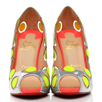 Christian Louboutin PVC Metallic Patent Polkadot Ladybug 120 Peep Toe Pumps 38 Silver Neon Yellow 2 of 7