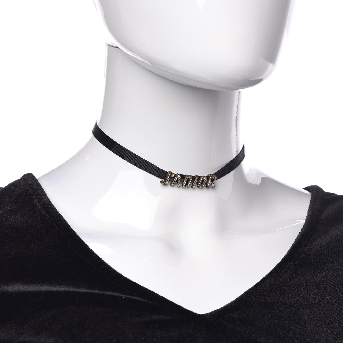 Grosgrain Ribbon Crystal J'Adior Logo Choker Necklace Black White