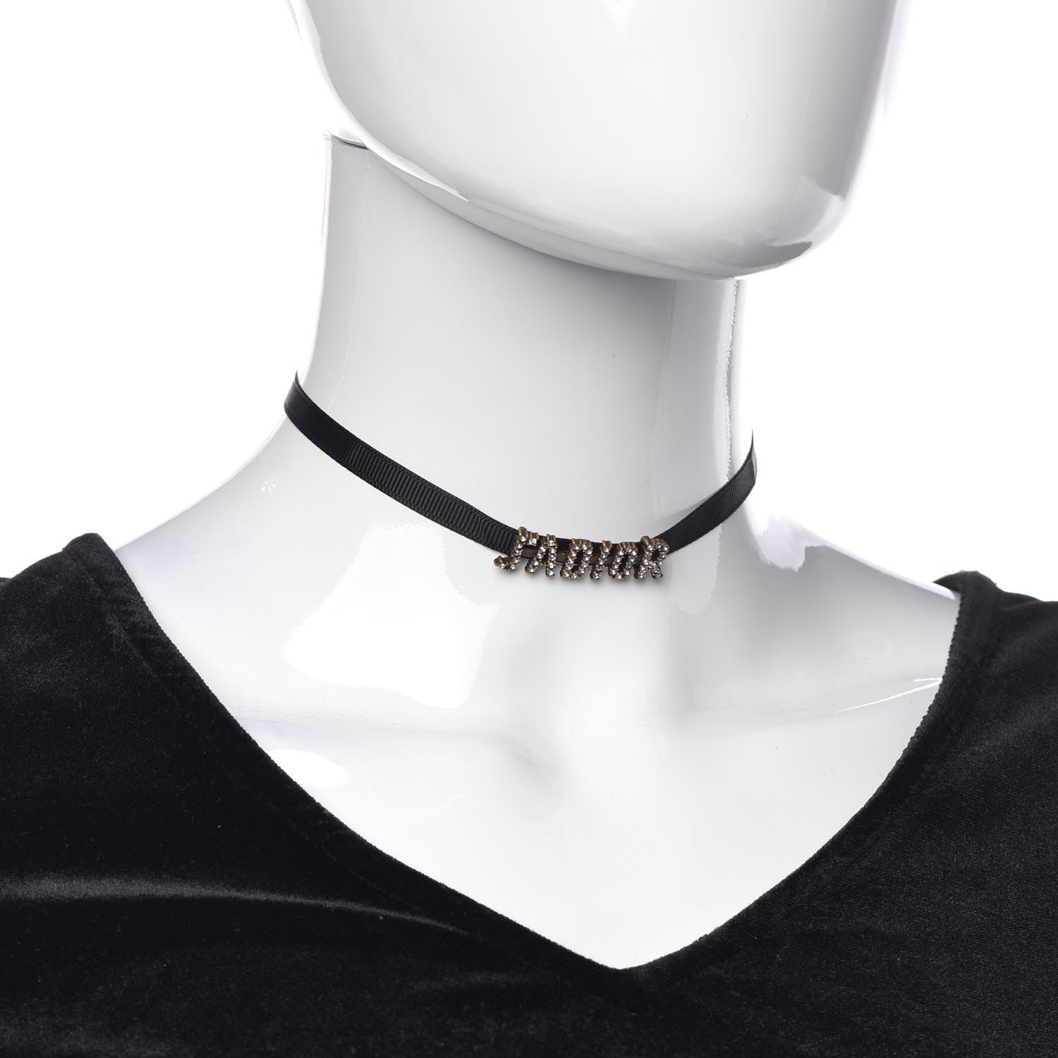 Christian Dior Grosgrain Ribbon Crystal J'Adior Logo Choker Necklace Black White 2 of 6