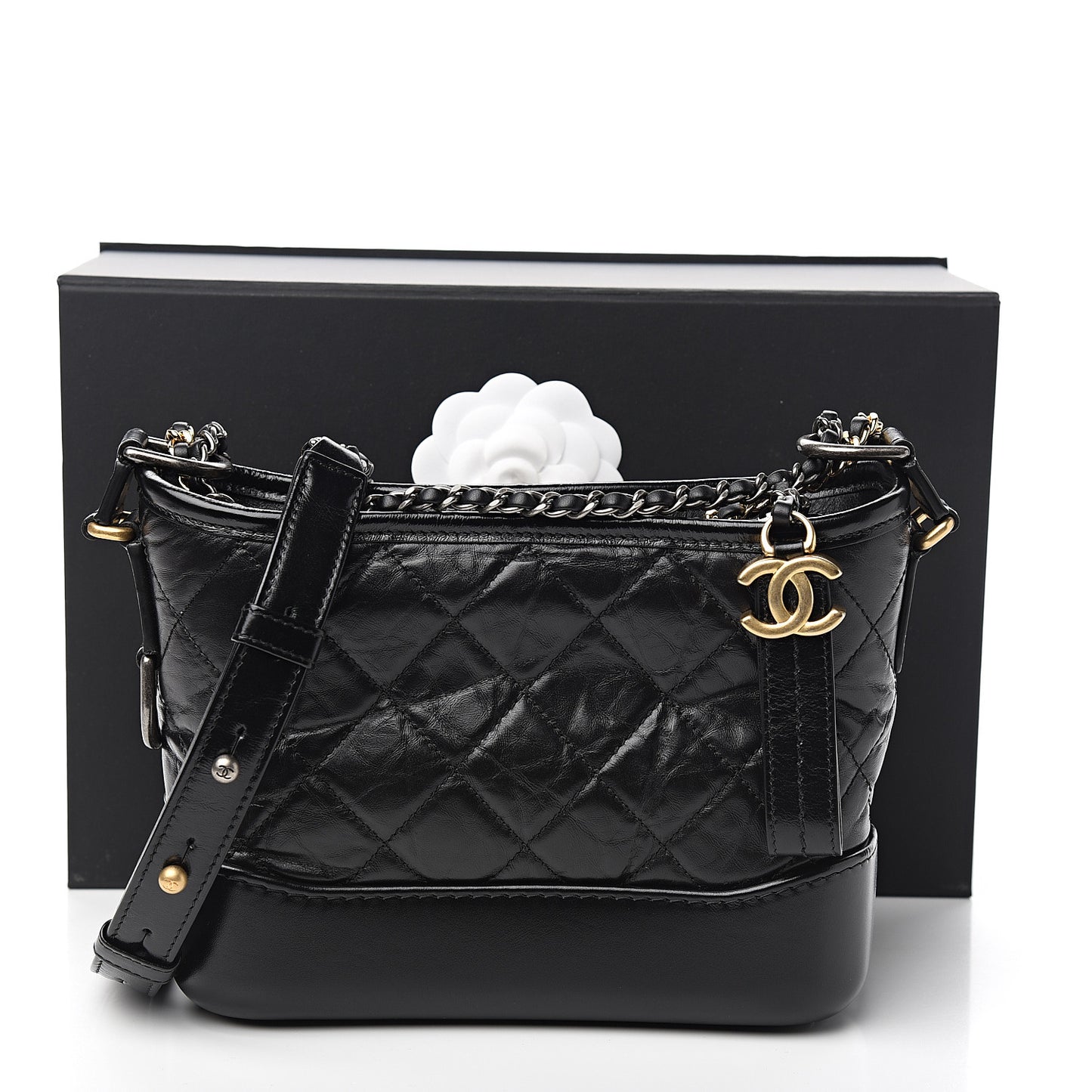 Aged Calfskin Quilted Small Gabrielle Hobo Black