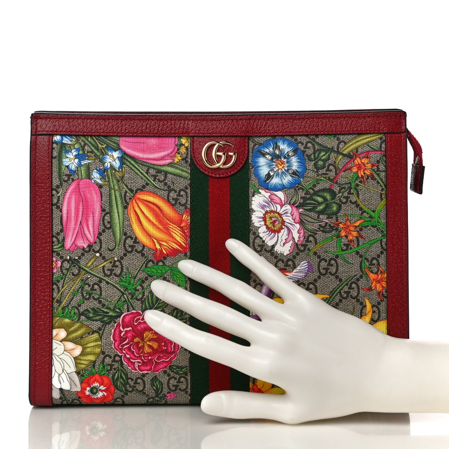 GG Supreme Monogram Flora Web Ophidia Pouch Red