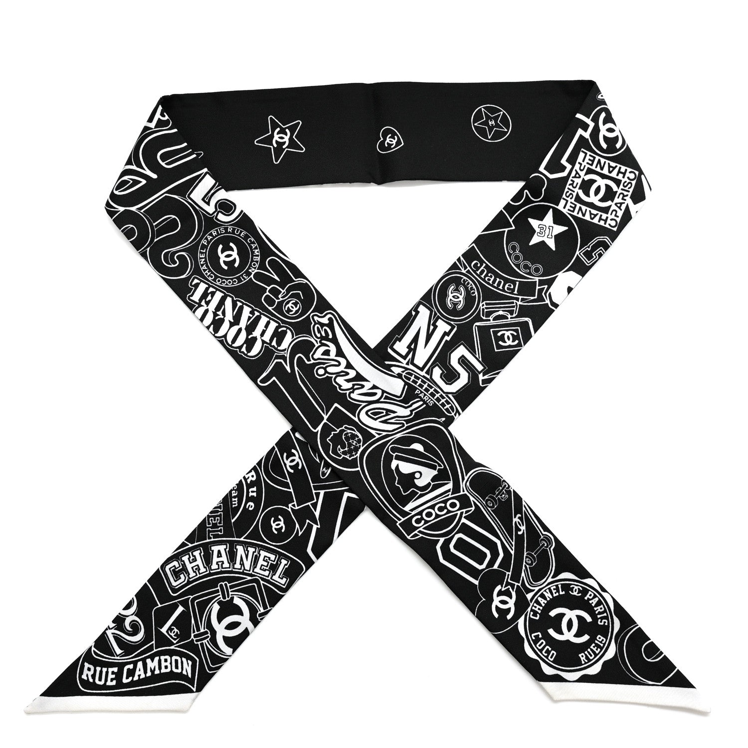 Chanel Silk Varsity Logo Slim Bandeau Scarf Black White 1 of 4