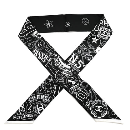 Chanel Silk Varsity Logo Slim Bandeau Scarf Black White 1 of 4