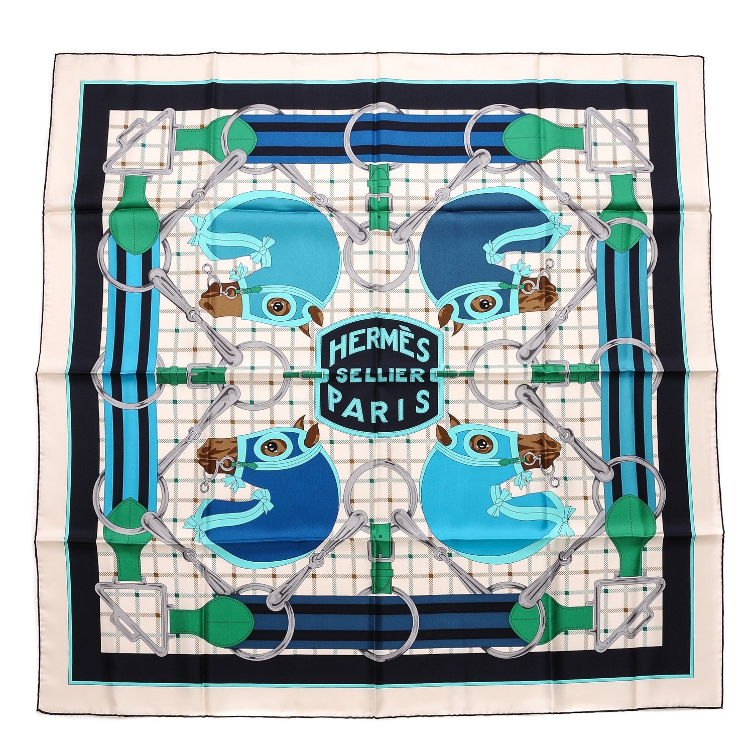 Hermes Silk Tatersale Scarf 90 Creme Turquoise Vert 1 of 7