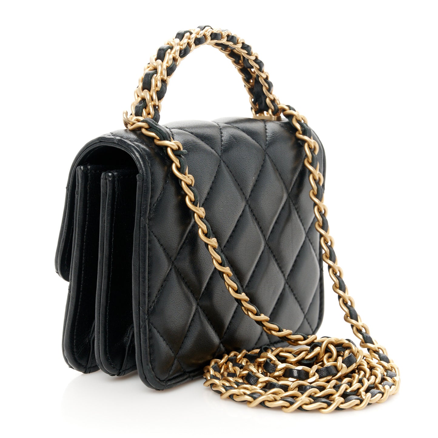 Lambskin Quilted Chain Top Handle Clutch With Chain Black