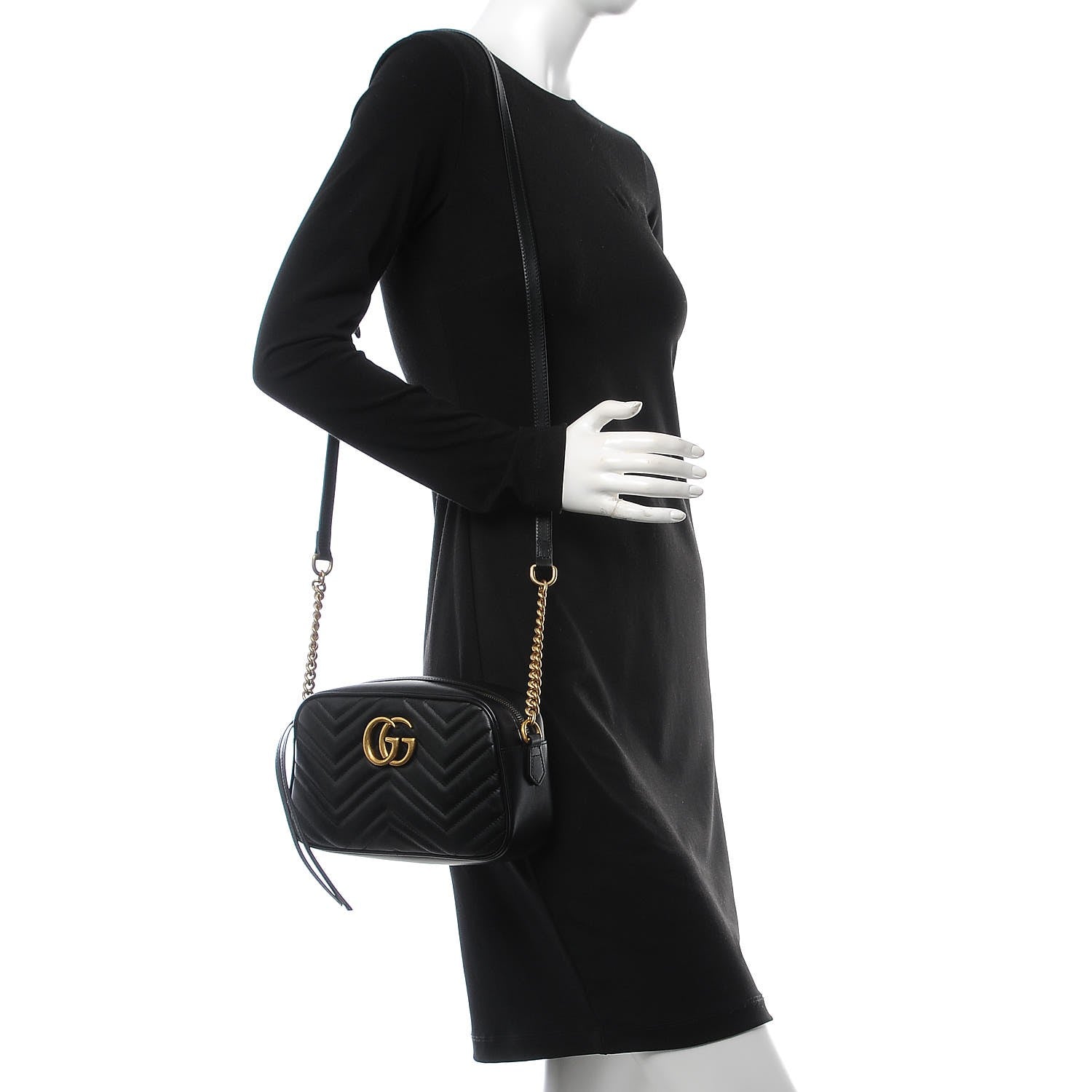 Gucci Calfskin Matelasse Small GG Marmont Chain Shoulder Bag Black 2 of 7