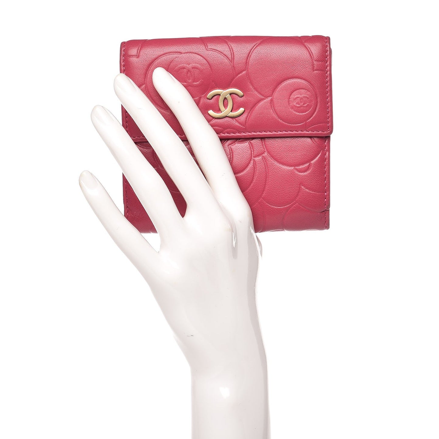 Lambskin Embossed Camellia French Wallet Fuchsia
