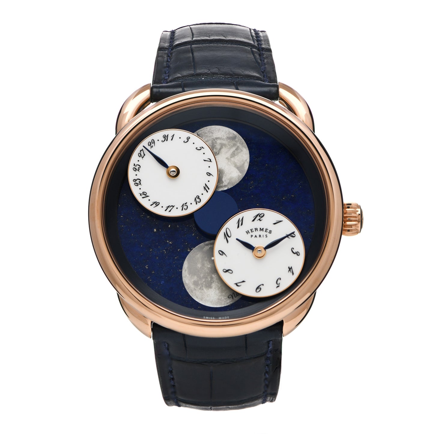 18K Rose Gold Alligator Mother of Pearl Lapis 43mm Arceau De La Lune Moon Phase Automatic Watch Bleu Abysse